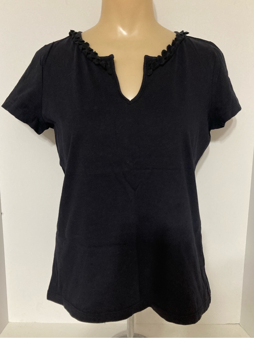 Navy Blue Cap Sleeve Notch Neck Top
Item # SSct41